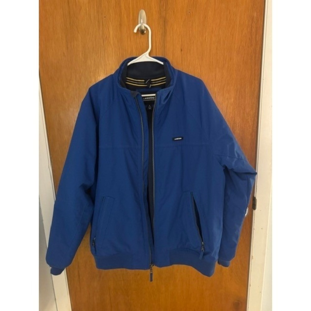 Lands End Mens Squall Jacket Blue Fleece Lined Water Resistant Full Zip Large